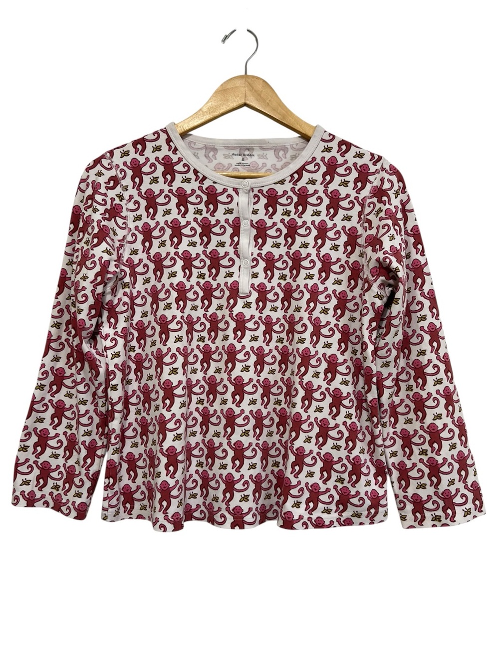 Roller Rabbit White Long-Sleeve Pink Monkey Print Henley Pajama Top Small